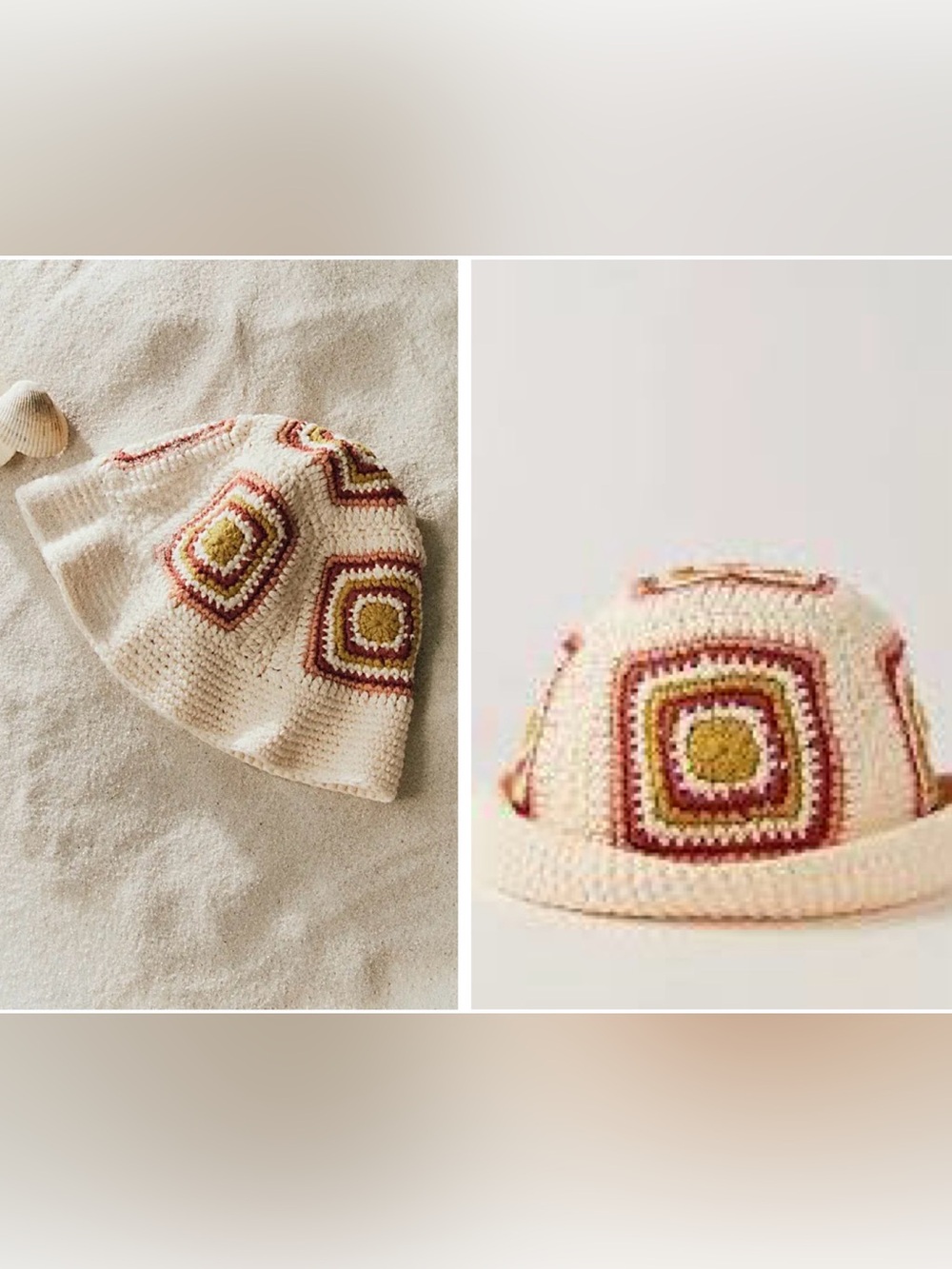NWT new free people Sophie crochet bucket hat ivory cream burgundy green squares